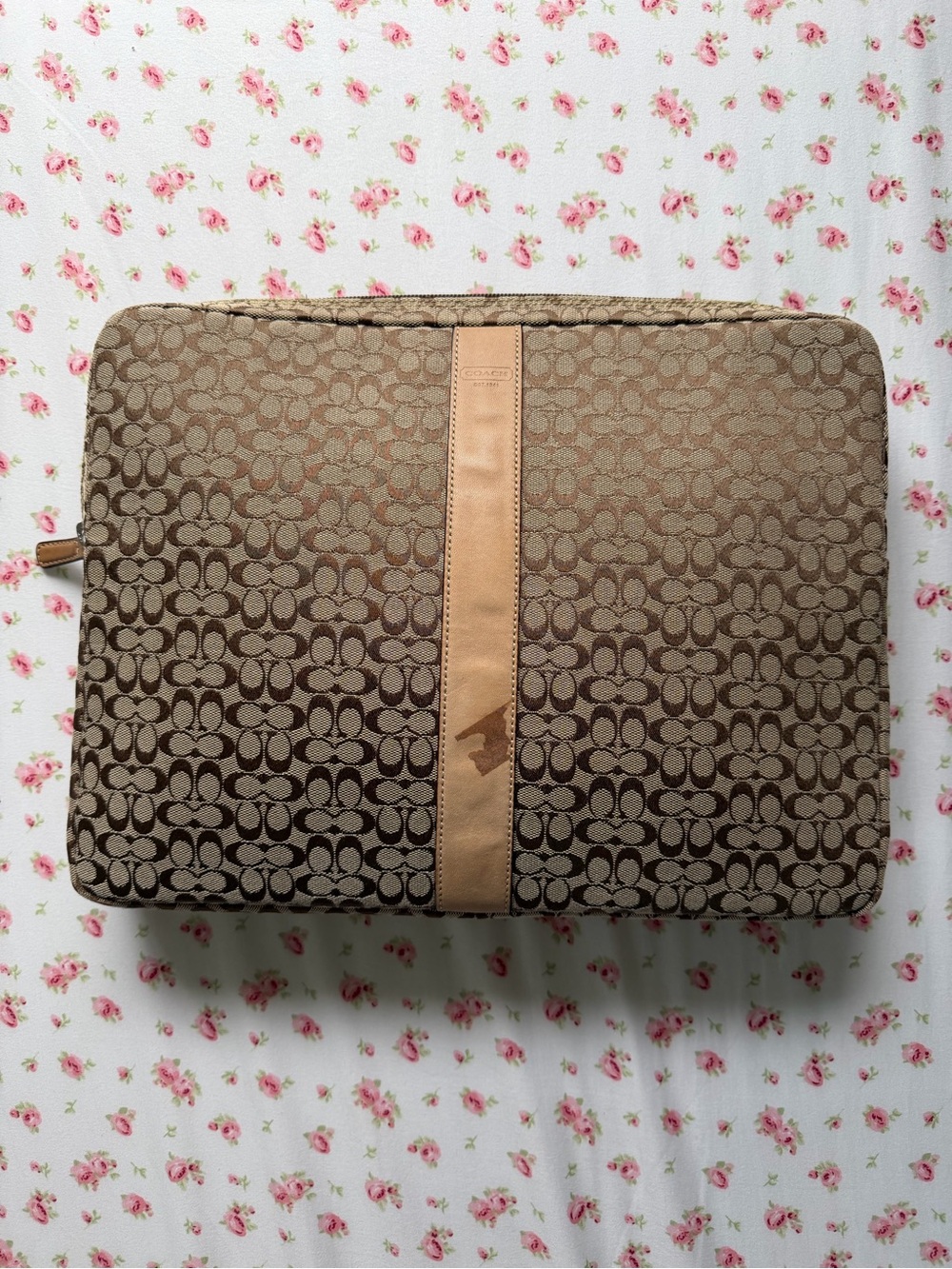 Coach Brown Signature Canvas Laptop Sleeve with Tan Stripe